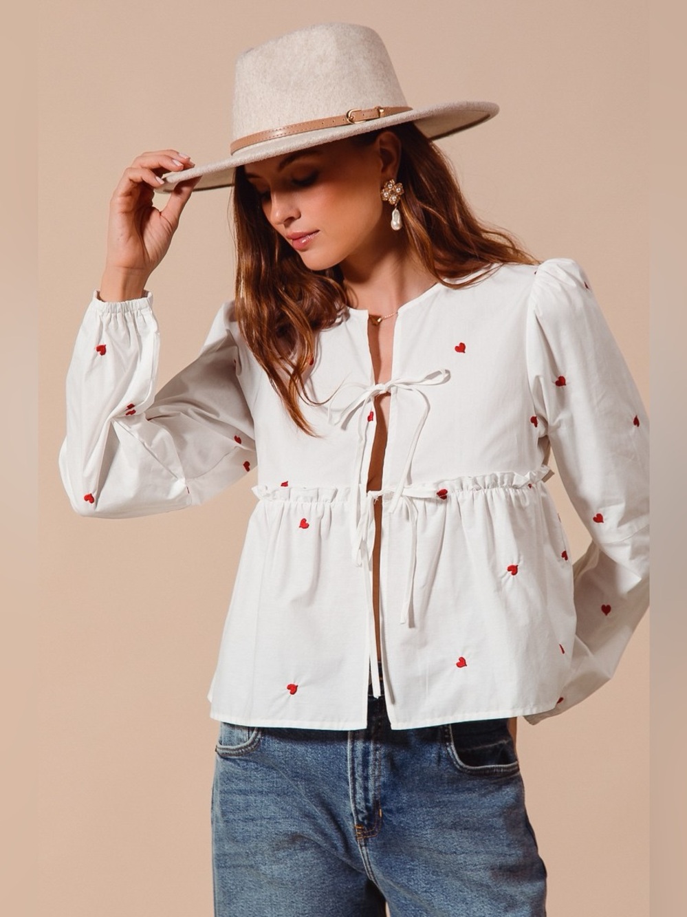 SO ME Front Tie Heart Embroidered Blouse With Puff Sleeve - Picture 6 of 11